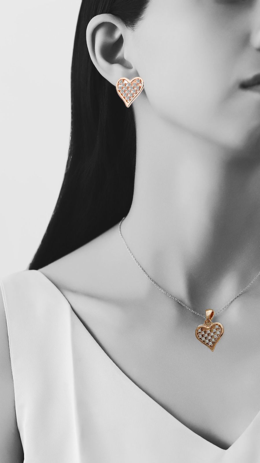 Rosy Heart Pendant Earrings Set